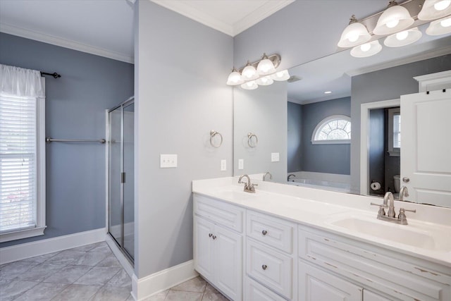 bathroom with crown molding, a sink, a shower stall, and baseboards