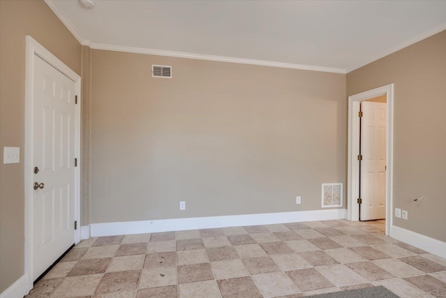 spare room with baseboards, visible vents, and ornamental molding