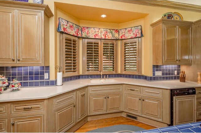 kitchen with backsplash, light hardwood / wood-style flooring, and sink