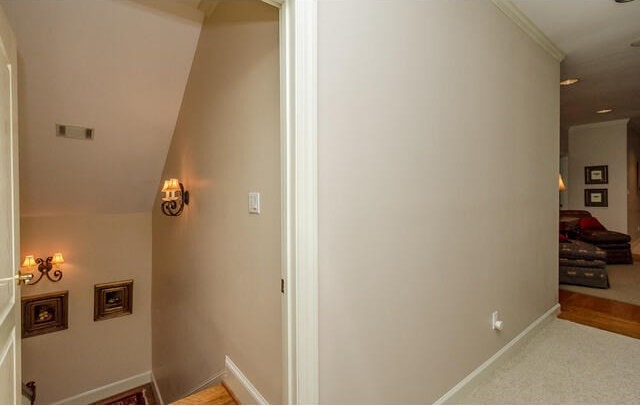 hall featuring carpet flooring and crown molding