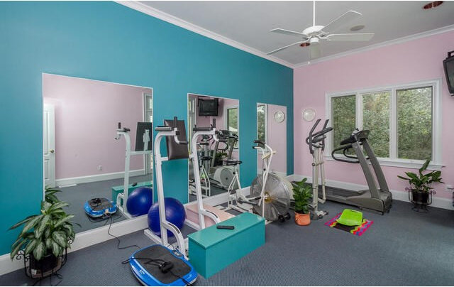 exercise room featuring ceiling fan and crown molding