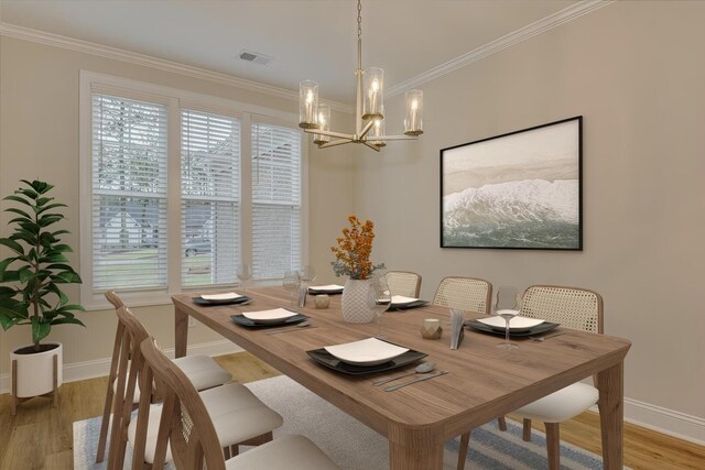 6 Belfast Ct, North Augusta, SC 29860 - dining room featuring a chandelier, baseboards, wood finished floors, crown molding, and healthy amount of natural light