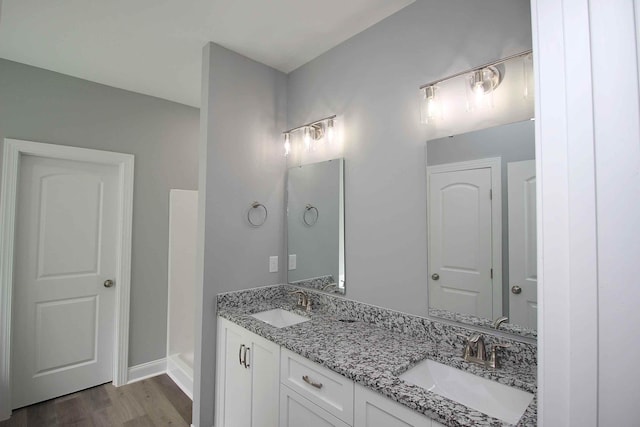 bathroom featuring wood finished floors, double vanity, and baseboards