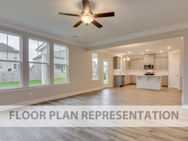 unfurnished living room with light hardwood / wood-style flooring, ceiling fan with notable chandelier, sink, and crown molding