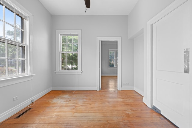 spare room with a wealth of natural light, light hardwood / wood-style flooring, and ceiling fan