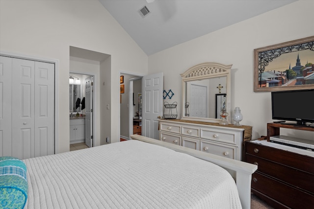 721 Spalding Ct, Martinez, GA 30907 - bedroom featuring high vaulted ceiling, a closet, and connected bathroom