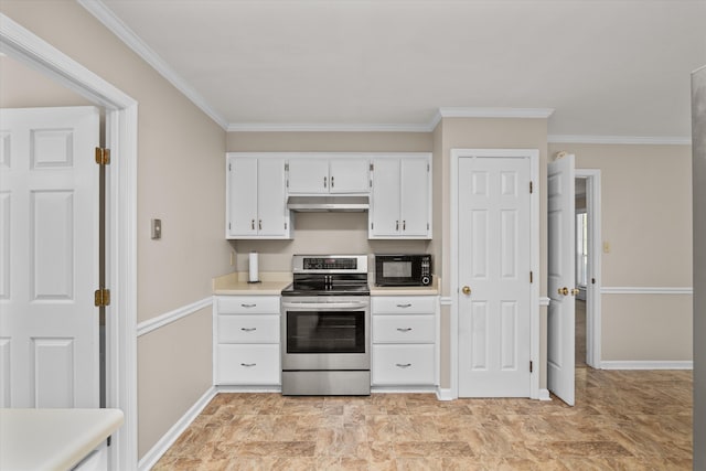 kitchen with white cabinetry, stainless steel electric range oven, and crown molding