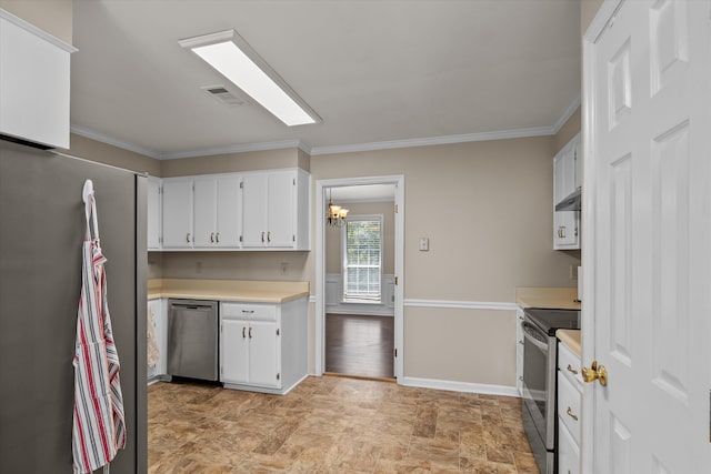 kitchen with white cabinetry, crown molding, a notable chandelier, and appliances with stainless steel finishes