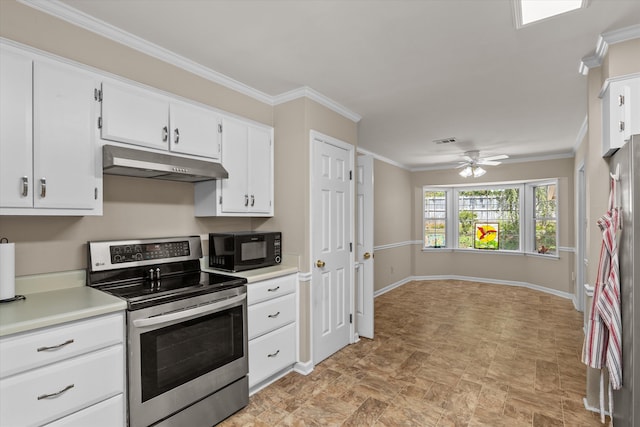 kitchen featuring white cabinets, ceiling fan, stainless steel range with electric cooktop, and ornamental molding