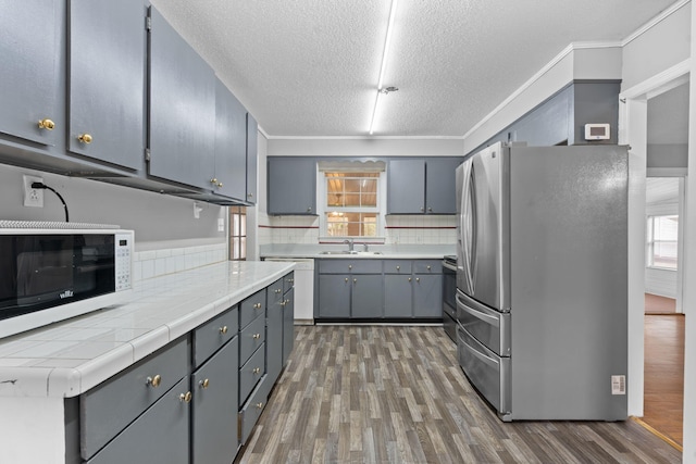 kitchen with gray cabinets, dark hardwood / wood-style flooring, sink, and appliances with stainless steel finishes