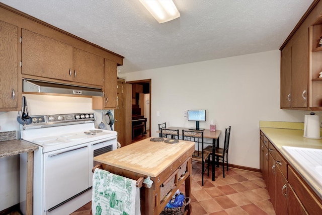 1730 Kissingbower Rd, Augusta, GA 30904 - kitchen featuring electric stove, under cabinet range hood, brown cabinetry, open shelves, and a textured ceiling