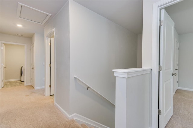6093 Whitewater Dr, North Augusta, SC 29841 - corridor featuring an upstairs landing, light carpet, washer / dryer, attic access, and recessed lighting