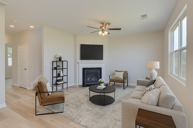 212 Quick Silver Ct, Graniteville, SC 29829 - living room with a ceiling fan, light wood-style floors, recessed lighting, and a fireplace with flush hearth