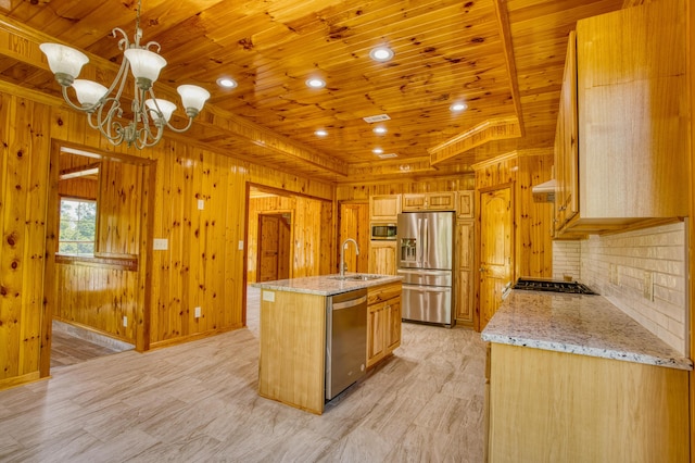 1423 Edgefield Rd, North Augusta, SC 29860 - kitchen with appliances with stainless steel finishes, wooden ceiling, wooden walls, a chandelier, and light wood finished floors