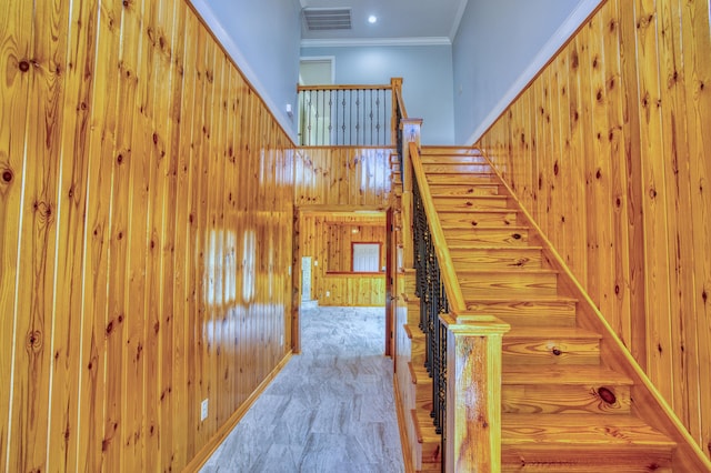 1423 Edgefield Rd, North Augusta, SC 29860 - staircase featuring wood walls and ornamental molding