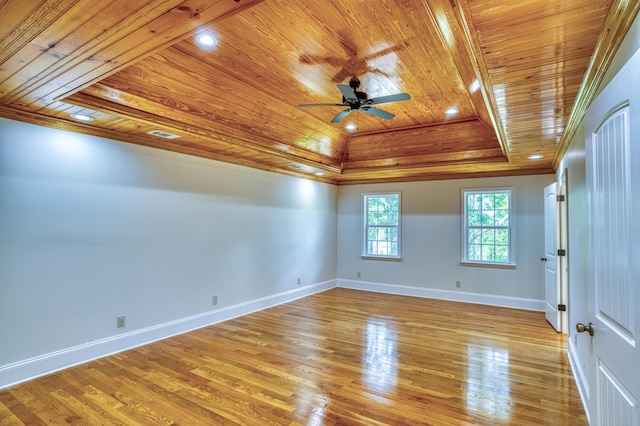 1423 Edgefield Rd, North Augusta, SC 29860 - spare room with wooden ceiling, a raised ceiling, a ceiling fan, crown molding, and light wood-style floors