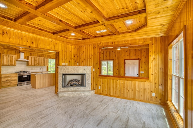 1423 Edgefield Rd, North Augusta, SC 29860 - unfurnished living room featuring a wooden ceiling with exposed beams, wooden walls, coffered ceiling, a fireplace with raised hearth, and light wood finished floors
