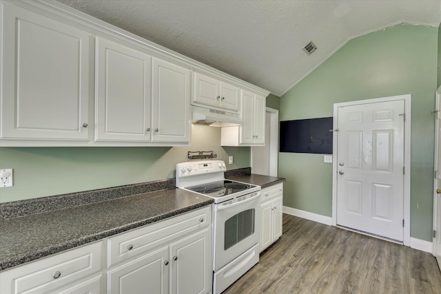 198 Eagle Lake Rd, North Augusta, SC 29841 - kitchen featuring white range with electric cooktop, under cabinet range hood, dark countertops, white cabinetry, and light wood finished floors