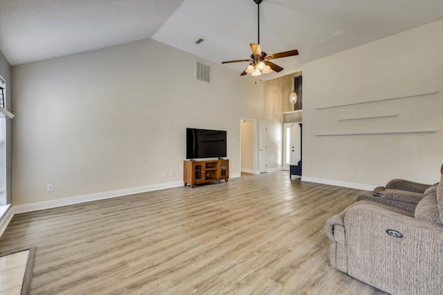 198 Eagle Lake Rd, North Augusta, SC 29841 - unfurnished living room featuring ceiling fan, wood finished floors, and high vaulted ceiling