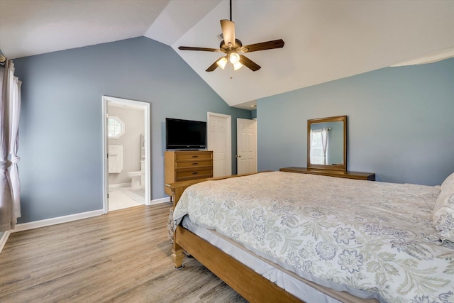 198 Eagle Lake Rd, North Augusta, SC 29841 - bedroom featuring wood finished floors, high vaulted ceiling, ensuite bath, and a ceiling fan