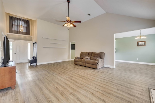 198 Eagle Lake Rd, North Augusta, SC 29841 - sitting room with high vaulted ceiling, a ceiling fan, wood finished floors, and a chandelier