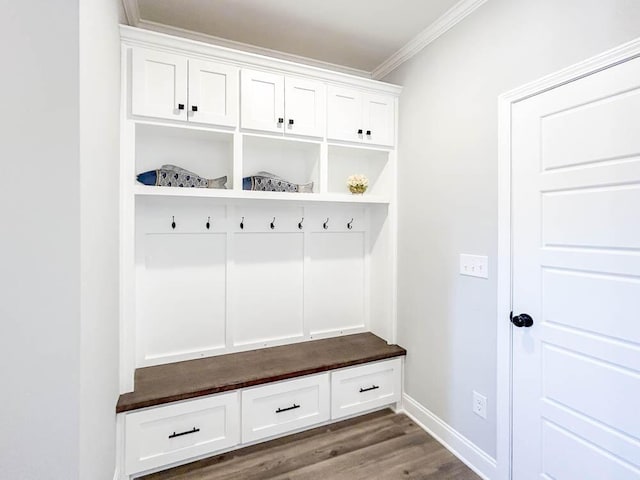 mudroom featuring crown molding and wood-type flooring