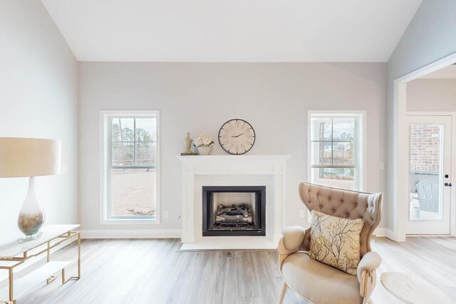 sitting room with light hardwood / wood-style floors and vaulted ceiling