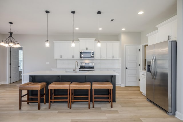 kitchen with visible vents, decorative backsplash, light countertops, white cabinets, and appliances with stainless steel finishes