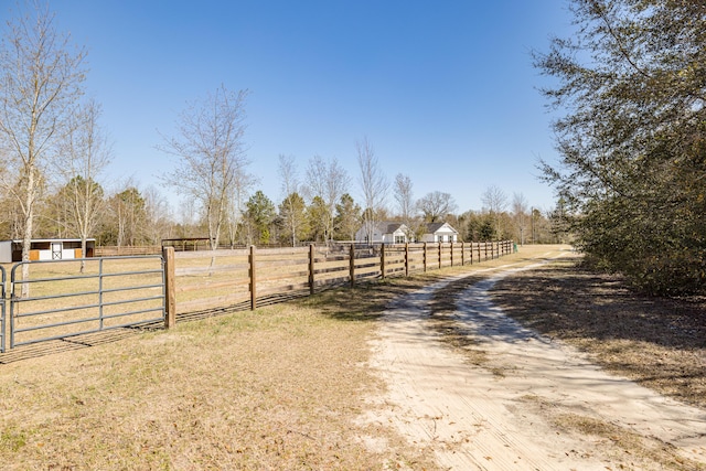 view of road with a rural view and dirt driveway