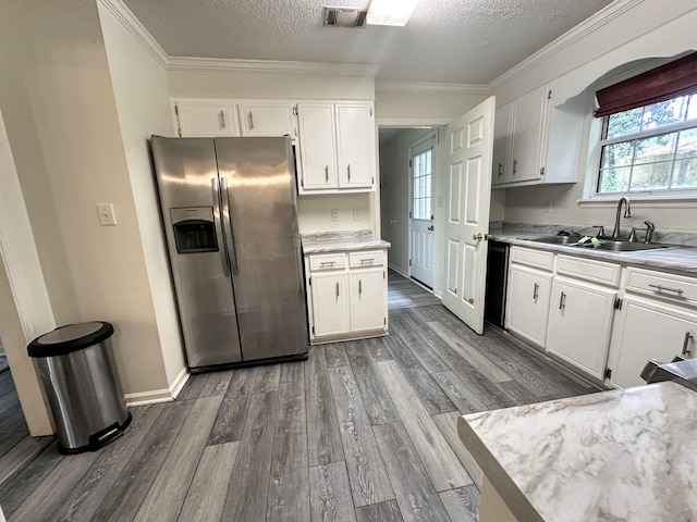 4917 Cavan Pl, Grovetown, GA 30813 - kitchen featuring stainless steel refrigerator with ice dispenser, a sink, white cabinetry, wood finished floors, and crown molding
