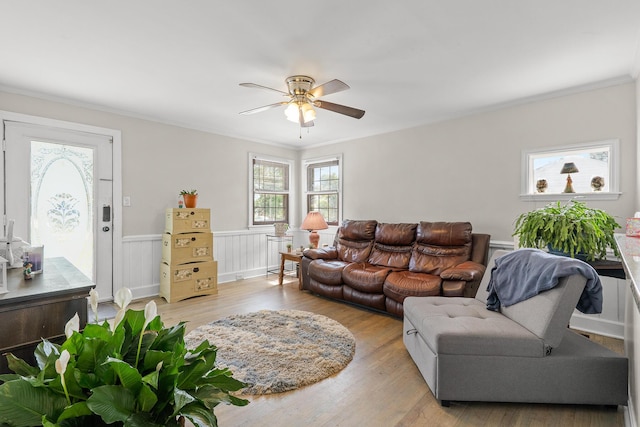 2144 Reedale Ave, Augusta, GA 30906 - living area featuring a ceiling fan, light wood-style floors, ornamental molding, and wainscoting