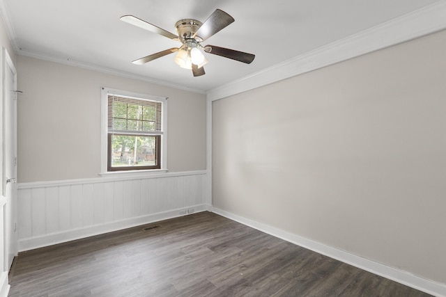2144 Reedale Ave, Augusta, GA 30906 - unfurnished room with dark wood-style floors, crown molding, a ceiling fan, and a wainscoted wall