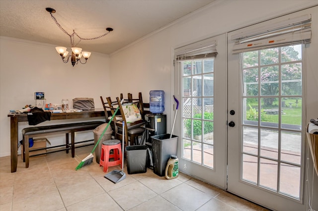 3840 Belair Rd, Augusta, GA 30909 - tiled dining area with ornamental molding, a chandelier, and french doors
