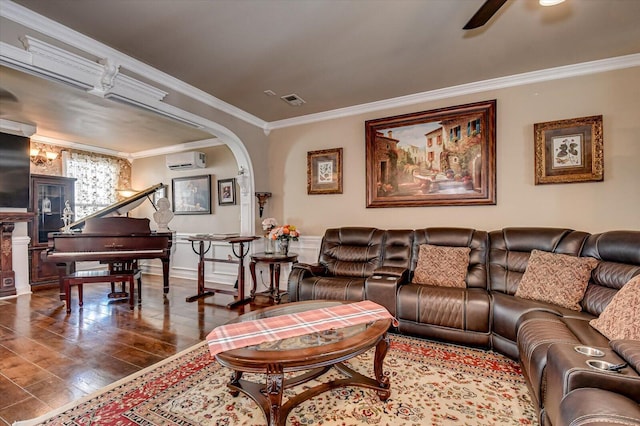 living room featuring crown molding, a wall mounted air conditioner, and dark hardwood / wood-style floors