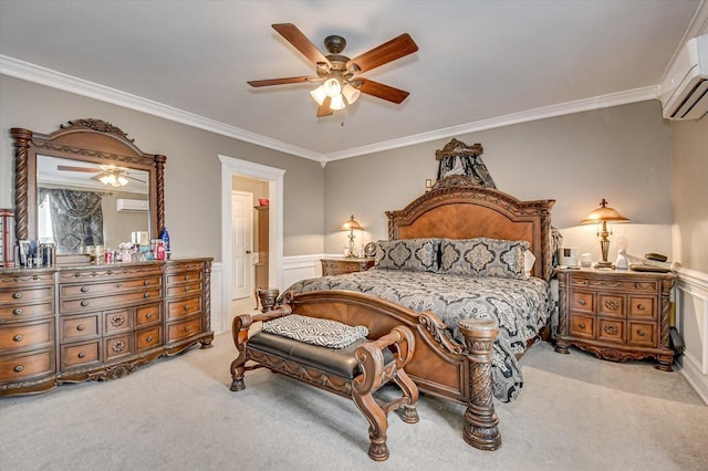 carpeted bedroom featuring a wall mounted AC, ceiling fan, and ornamental molding