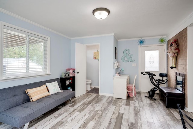 interior space with crown molding and light hardwood / wood-style floors