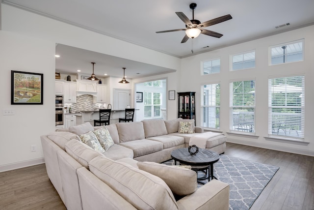 210 Rivernorth Dr, North Augusta, SC 29841 - living room with ornamental molding, ceiling fan, light wood-style floors, and recessed lighting