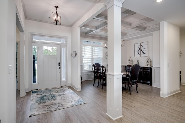 210 Rivernorth Dr, North Augusta, SC 29841 - foyer with a chandelier, ornate columns, beam ceiling, light wood-type flooring, and coffered ceiling