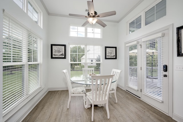 210 Rivernorth Dr, North Augusta, SC 29841 - dining room featuring ornamental molding, a ceiling fan, plenty of natural light, light wood-style floors, and a towering ceiling