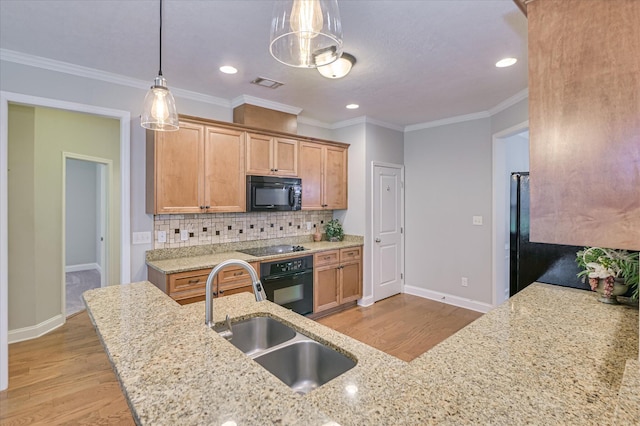 1132 Sumter Landing Cir, Evans, GA 30809 - kitchen with black appliances, a sink, light wood-type flooring, baseboards, and decorative backsplash