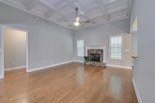 1132 Sumter Landing Cir, Evans, GA 30809 - unfurnished living room with ceiling fan, wood finished floors, coffered ceiling, beamed ceiling, and a fireplace