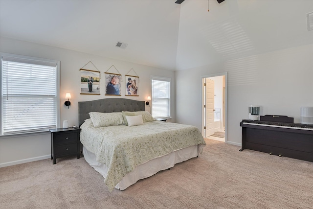 bedroom with baseboards, light carpet, vaulted ceiling, and visible vents