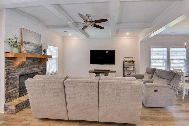 living room featuring ceiling fan, light wood finished floors, a fireplace, beamed ceiling, and coffered ceiling