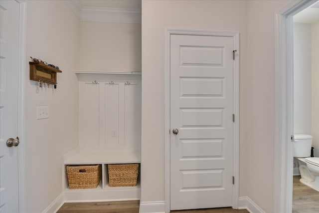 mudroom featuring crown molding, baseboards, and wood finished floors