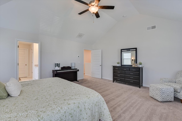 bedroom featuring visible vents, carpet floors, baseboards, ceiling fan, and high vaulted ceiling