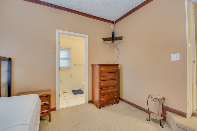 interior space with ornamental molding, carpet flooring, and a textured ceiling