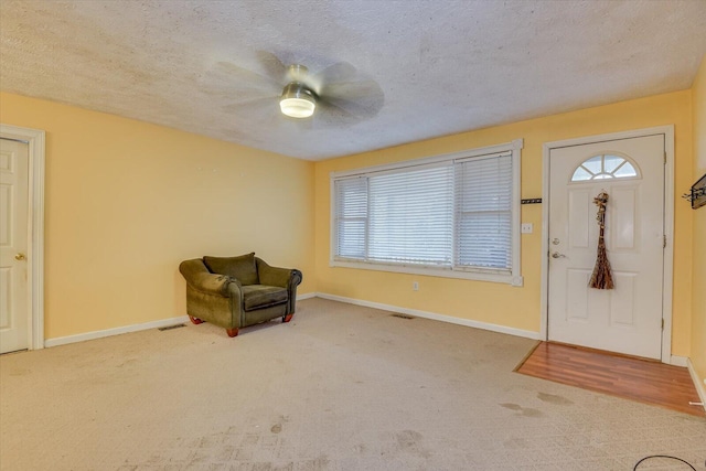 foyer featuring a healthy amount of sunlight, carpet floors, and a textured ceiling