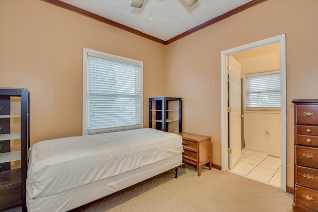 carpeted bedroom with multiple windows, crown molding, a textured ceiling, and ceiling fan