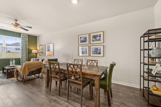 dining space featuring ceiling fan and dark wood-type flooring