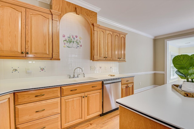 327 Peter Carnes Dr, North Augusta, SC 29860 - kitchen with stainless steel dishwasher, a sink, light wood-type flooring, ornamental molding, and backsplash